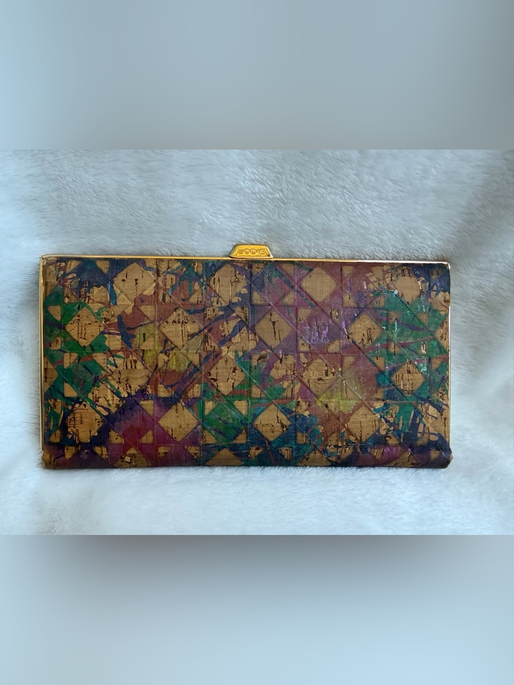 Lodis clutch colorful diamond-patterned cork exterior gold frame box wallet